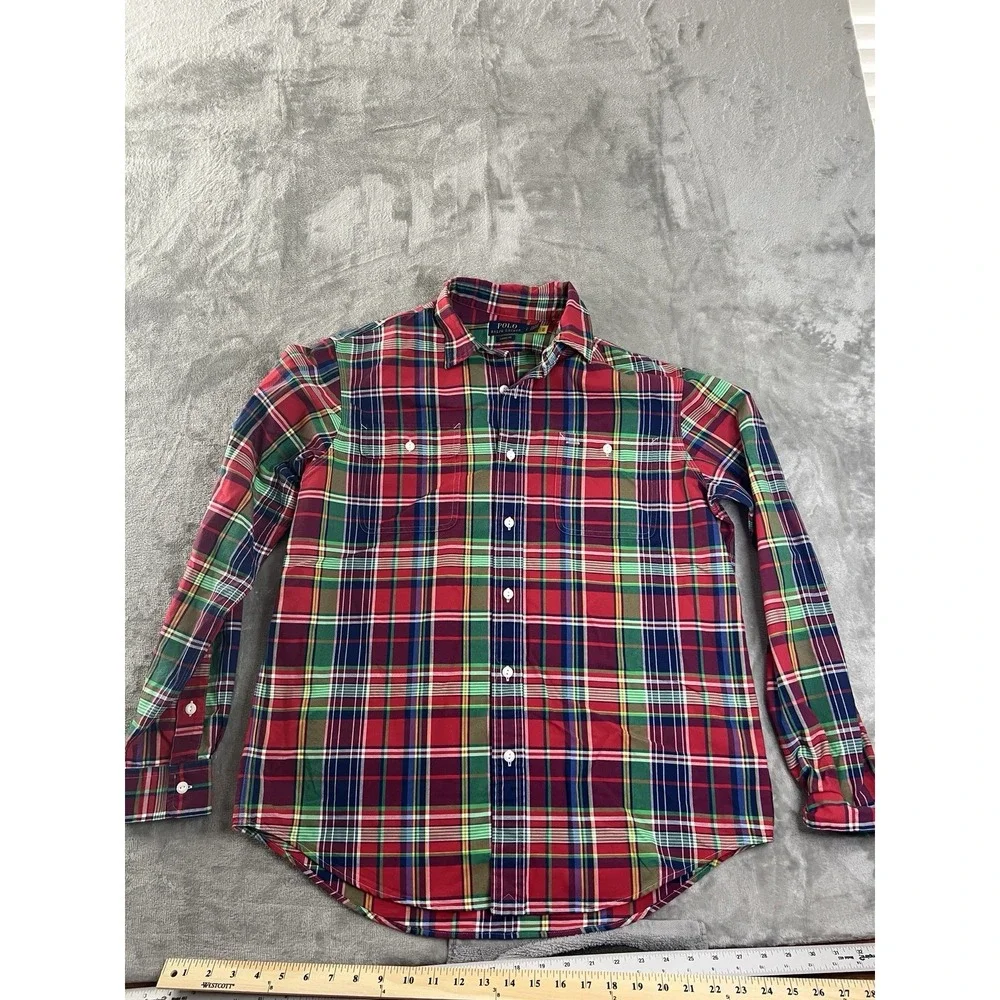Polo Ralph Lauren Mens Shirt Large Red Green Plaid Button Front